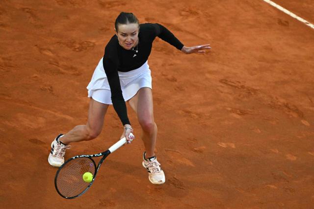Ukraine's Elina Svitolina returns to USA's Coco Gauff during the WTA Rome Open tennis tournament final at Foro Italico in Rome on May 16, 2026. (Photo by Andreas SOLARO / AFP)