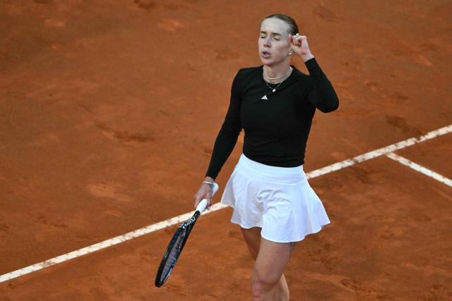 Ukraine's Elina Svitolina celebrates a point against USA's Coco Gauff during the WTA Rome Open tennis tournament final at Foro Italico in Rome on May 16, 2026. (Photo by Andreas SOLARO / AFP)