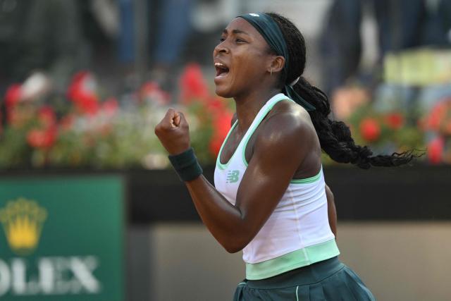 USA's Coco Gauff reacts during her final against Ukraine's Elina Svitolina at the Rome Open tennis tournament at Foro Italico in Rome on May 16, 2026. (Photo by Tiziana FABI / AFP)