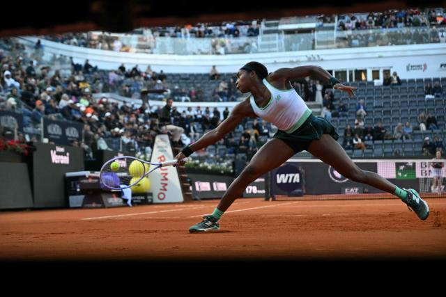USA's Coco Gauff hits a return to Ukraine's Elina Svitolina during the WTA Rome Open tennis tournament final at Foro Italico in Rome on May 16, 2026. (Photo by Andreas SOLARO / AFP)