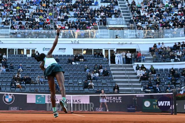 USA's Coco Gauff serves to Ukraine's Elina Svitolina during the WTA Rome Open tennis tournament final at Foro Italico in Rome on May 16, 2026. (Photo by Andreas SOLARO / AFP)