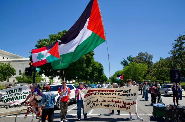 Demonstrators gather near the US Capitol while participating in a Nakba solidarity bike ride from Dupont Circle to the US Capitol in Washington, DC, on May 16, 2026, marking the 78th anniversary of the Nakba. (Photo by Amid FARAHI / AFP)