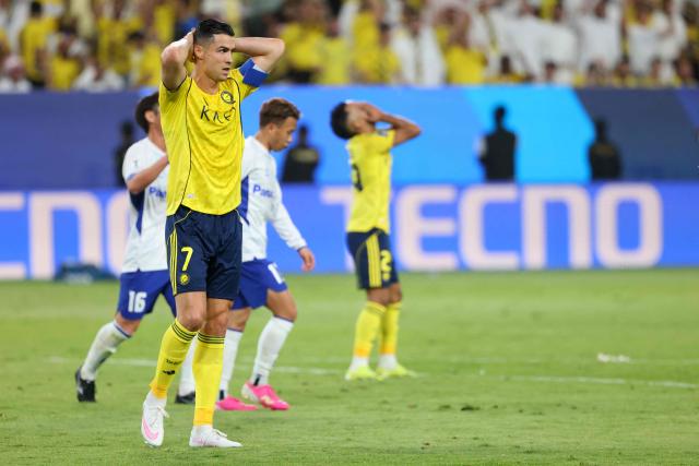 Nassr's Portuguese forward #07 Cristiano Ronaldo reacts during the 2026 AFC Champions League Two final football match between Al-Nassr and Gamba Osaka at the Al-Awwal Park Stadium in Riyadh on May 16, 2026. (Photo by Fayez NURELDINE / AFP)
