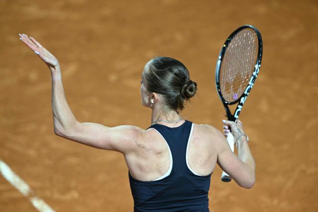 Ukraine's Elina Svitolina celebrates a point against USA's Coco Gauff during the WTA Rome Open tennis tournament final at Foro Italico in Rome on May 16, 2026. (Photo by Andreas SOLARO / AFP)