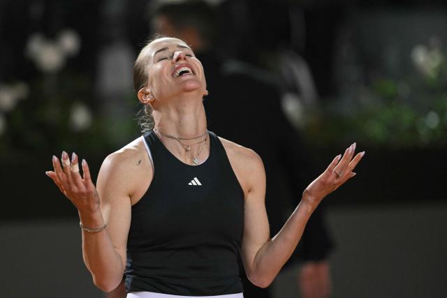 Ukraine's Elina Svitolina celebrates after winning the WTA Rome Open tennis tournament final against USA's Coco Gauff at Foro Italico in Rome on May 16, 2026. (Photo by Tiziana FABI / AFP)