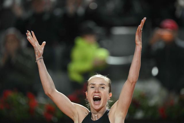 Ukraine's Elina Svitolina celebrates after winning the WTA Rome Open tennis tournament final against USA's Coco Gauff at Foro Italico in Rome on May 16, 2026. (Photo by Tiziana FABI / AFP)
