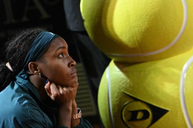 TOPSHOT - USA's Coco Gauff looks dejected after being defeated during the WTA Rome Open tennis tournament final against Ukraine's Elina Svitolina at Foro Italico in Rome on May 16, 2026. (Photo by Andreas SOLARO / AFP)