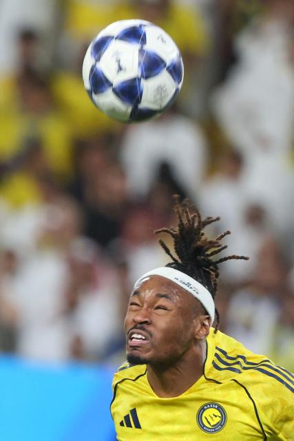 Nassr's French defender #03 Mohamed Simakan heads the ball during the 2026 AFC Champions League Two final football match between Al-Nassr and Gamba Osaka at the Al-Awwal Park Stadium in Riyadh on May 16, 2026. (Photo by Fayez NURELDINE / AFP)