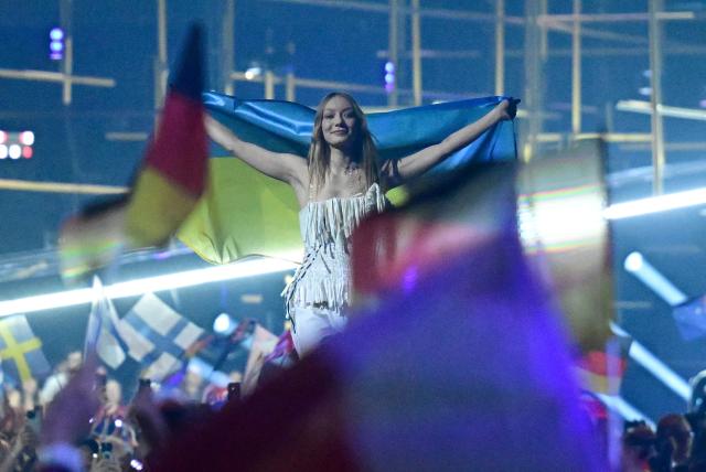 Ukrainian singer Victoria Leleka arrives on stage for the final of the Eurovision Song Contest 2026 (ESC) at Wiener Stadthalle in Vienna, Austria on May 16, 2026. (Photo by Tobias SCHWARZ / AFP)