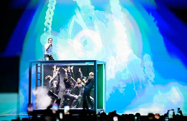 Danish singer Soeren Torpegaard Lund, representing Denmark with the song 'For Vi Gar Hjem' performs during the final of the Eurovision Song Contest 2026 (ESC) at Wiener Stadthalle in Vienna, Austria on May 16, 2026. (Photo by Tobias SCHWARZ / AFP)