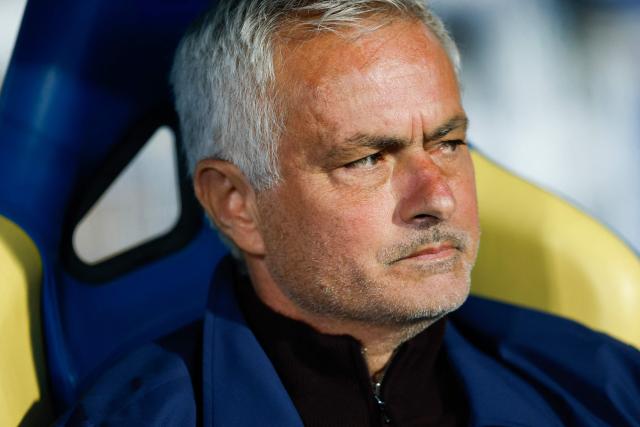 SL Benfica's Portuguese head coach Jose Mourinho looks on before the Portuguese League football match between GD Estoril Praia and SL Benfica at the Antonio Coimbra da Mota stadium in Estoril on May 16, 2026. (Photo by FILIPE AMORIM / AFP)