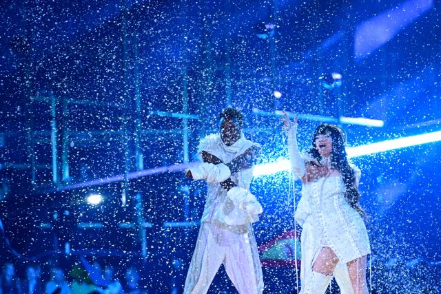 Belgian singer Alice Van Eesbeeck, aka Essyla and representing Belgium with the song 'Dancing on the Ice', performs during the final of the Eurovision Song Contest 2026 (ESC) at Wiener Stadthalle in Vienna, Austria on May 16, 2026. (Photo by Tobias SCHWARZ / AFP)