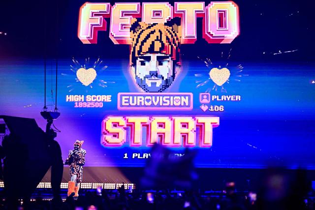 Greek singer Akylas Mytilinaios, aka Akylas and representing Greece with the song 'Ferto', performs during the final of the Eurovision Song Contest 2026 (ESC) at Wiener Stadthalle in Vienna, Austria on May 16, 2026. (Photo by Tobias SCHWARZ / AFP)