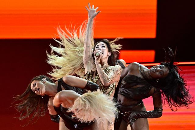 German singer Sarah Engels, representing Germany with the song 'Fire', performs during the final of the Eurovision Song Contest 2026 (ESC) at Wiener Stadthalle in Vienna, Austria on May 16, 2026. (Photo by Tobias SCHWARZ / AFP)