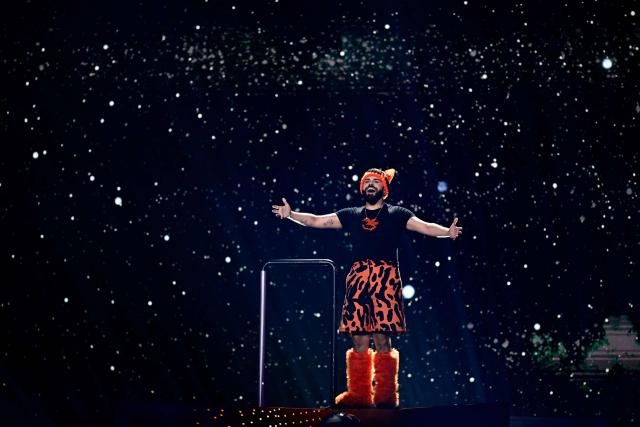 Greek singer Akylas Mytilinaios, aka Akylas and representing Greece with the song 'Ferto', performs during the final of the Eurovision Song Contest 2026 (ESC) at Wiener Stadthalle in Vienna, Austria on May 16, 2026. (Photo by Tobias SCHWARZ / AFP)