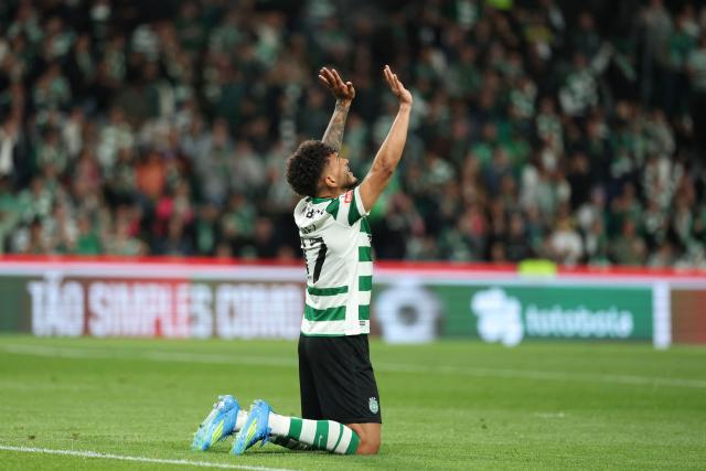 Sporting Lisbon's Colombian forward #97 Luis Suarez celebrates scoring his team's second goal during the Portuguese League football match between Sporting CP and Gil Vicente FC at the Jose Alvalade stadium in Lisbon on May 16, 2026. (Photo by PATRICIA DE MELO MOREIRA / AFP)