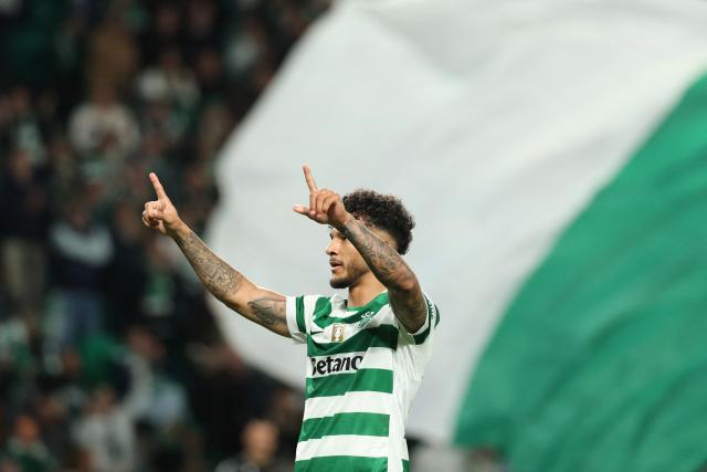 Sporting Lisbon's Colombian forward #97 Luis Suarez celebrates scoring his team's second goal during the Portuguese League football match between Sporting CP and Gil Vicente FC at the Jose Alvalade stadium in Lisbon on May 16, 2026. (Photo by PATRICIA DE MELO MOREIRA / AFP)