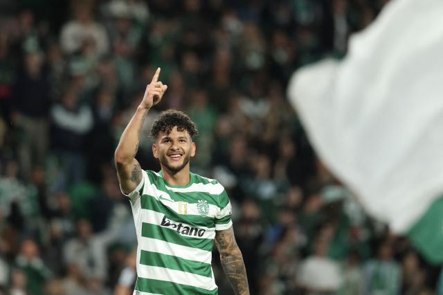 Sporting Lisbon's Colombian forward #97 Luis Suarez celebrates scoring his team's second goal during the Portuguese League football match between Sporting CP and Gil Vicente FC at the Jose Alvalade stadium in Lisbon on May 16, 2026. (Photo by PATRICIA DE MELO MOREIRA / AFP)