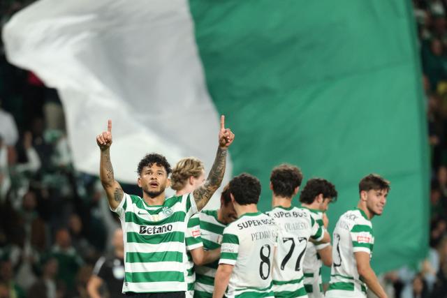 Sporting Lisbon's Colombian forward #97 Luis Suarez celebrates scoring his team's second goal during the Portuguese League football match between Sporting CP and Gil Vicente FC at the Jose Alvalade stadium in Lisbon on May 16, 2026. (Photo by PATRICIA DE MELO MOREIRA / AFP)