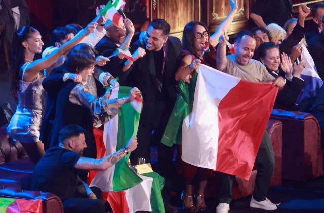 Italian singer Sal Da Vinci, representing Italy with the song 'Per Sempre Si', (covered) celebrates in the artist's zone during the final of the Eurovision Song Contest 2026 (ESC) at Wiener Stadthalle in Vienna, Austria on May 16, 2026. (Photo by Radek MICA / AFP)