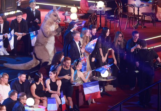 Australian singer Delta Goodrem, representing Australia with the song 'Eclipse', celebrates in the artist's zone during the final of the Eurovision Song Contest 2026 (ESC) at Wiener Stadthalle in Vienna, Austria on May 16, 2026. (Photo by Radek MICA / AFP)