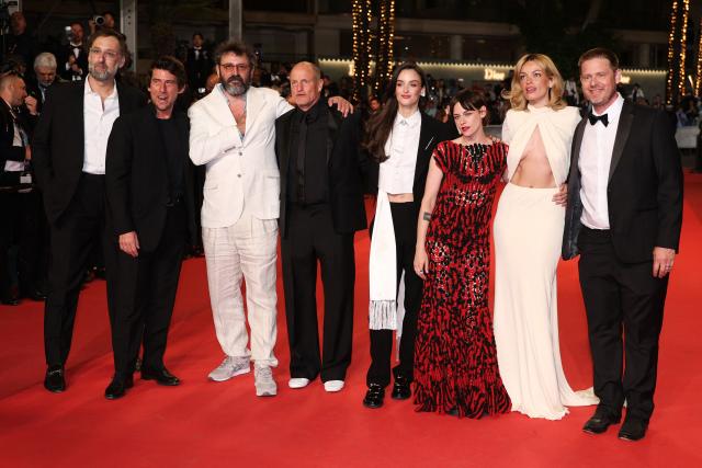 (From L) US actor Eric Wareheim, French producer Hugo Selignac, French director and screenwriter Quentin Dupieux, US actor Woody Harrelson, Canadian actress Charlotte Le Bon, US actress Kristen Stewart, British-French actress Emma Mackey and US actor Tim Heidecker arrive for the screening of the film "Full Phil" at the 79th edition of the Cannes Film Festival in Cannes, southern France on May 16, 2026. (Photo by Sameer AL-DOUMY / AFP)