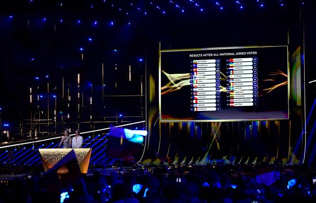 Austrian presenters Victoria Swarovski and Michael Ostrowski address the juries during the voting during the final of the Eurovision Song Contest 2026 (ESC) at Wiener Stadthalle in Vienna, Austria on May 16, 2026. (Photo by Tobias SCHWARZ / AFP)