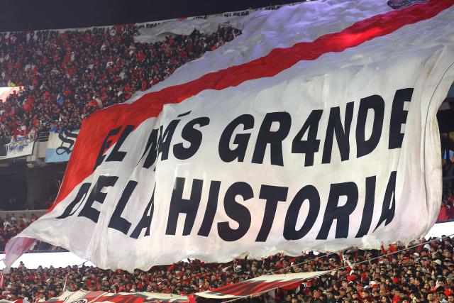 River Plate’s fans hold a tifo reading 'The greatest in history' during the Argentine Professional Football League Apertura tournament semifinal between River Plate and Rosario Central at MAS Monumental Stadium in Buenos Aires on May 16, 2026. (Photo by Alejandro PAGNI / AFP)