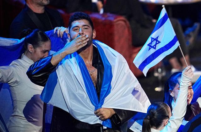 Israeli singer Noam Bettan, representing Israel with the song 'Michelle', celebrates in the artist's zone during the final of the Eurovision Song Contest 2026 (ESC) at Wiener Stadthalle in Vienna, Austria on May 16, 2026. (Photo by GEORG HOCHMUTH / APA / AFP) / Austria OUT