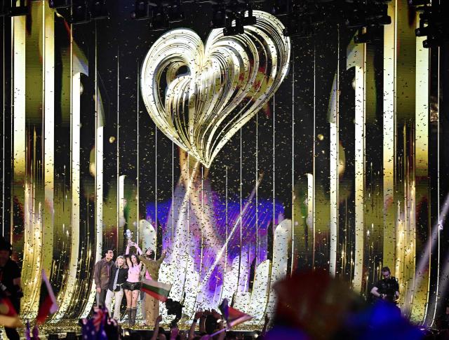 Winner Darina Nikolaeva Yotova, aka Dara and representing Bulgaria with the song 'Bangaranga' (C) celebrates with the trophy after the final of the Eurovision Song Contest 2026 (ESC) at Wiener Stadthalle in Vienna, Austria on May 16, 2026. (Photo by Tobias SCHWARZ / AFP)