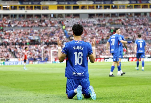 Cruz Azul's midfielder #16 Jeremy Marquez celebrates after scoring the opening goal during the Liga MX Clausura semifinal second-leg football match between Guadalajara and Cruz Azul at Jalisco stadium in Guadalajara, Jalisco state, Mexico on May 16, 2026. (Photo by ULISES RUIZ / AFP)
