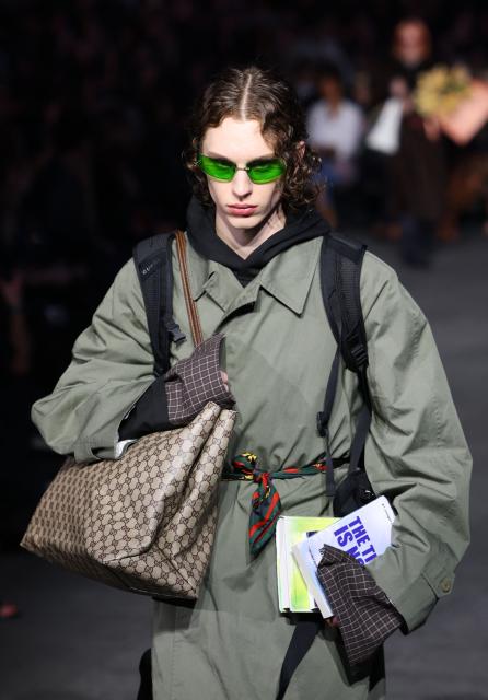 A model walks the runway during the Gucci Cruise 2027 collection fashion show at Times Square in New York on May 16, 2026. (Photo by ANGELA WEISS / AFP)