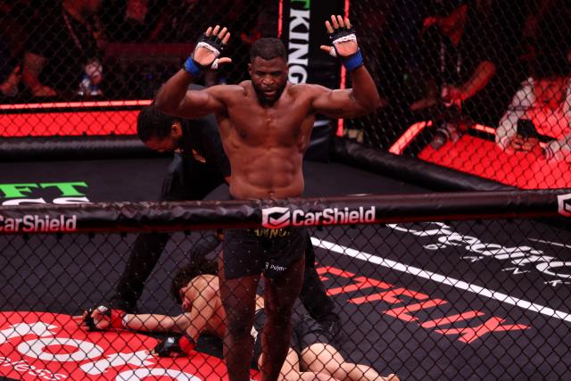 Cameroonian-French mixed martial arts fighter Francis Ngannou reacts after knocking out Brazilian mixed martial arts fighter Philipe Lins during their heavyweight bout at MVP MMA 1 at the Intuit Dome in Inglewood, California, on May 16, 2026. (Photo by Patrick T. Fallon / AFP)