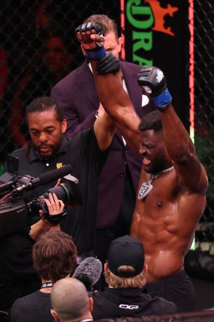 Cameroonian-French mixed martial arts fighter Francis Ngannou celebrates after knocking out Brazilian mixed martial arts fighter Philipe Lins during their heavyweight bout at MVP MMA 1 at the Intuit Dome in Inglewood, California, on May 16, 2026. (Photo by Patrick T. Fallon / AFP)