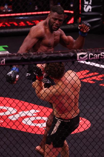 Cameroonian-French mixed martial arts fighter Francis Ngannou and Brazilian mixed martial arts fighter Philipe Lins fight during their heavyweight bout at MVP MMA 1 at the Intuit Dome in Inglewood, California, on May 16, 2026. (Photo by Patrick T. Fallon / AFP)