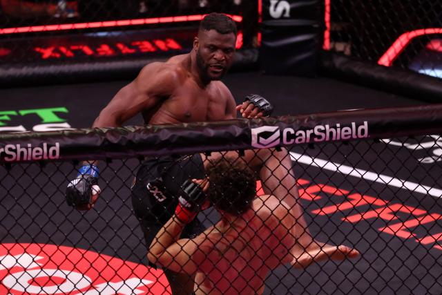 Cameroonian-French mixed martial arts fighter Francis Ngannou and Brazilian mixed martial arts fighter Philipe Lins fight during their heavyweight bout at MVP MMA 1 at the Intuit Dome in Inglewood, California, on May 16, 2026. (Photo by Patrick T. Fallon / AFP)