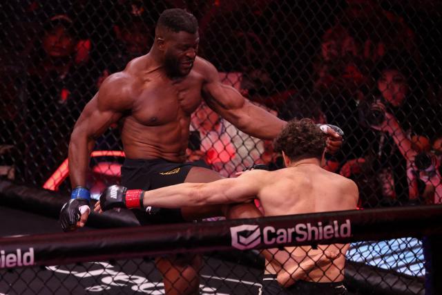 Cameroonian-French mixed martial arts fighter Francis Ngannou and Brazilian mixed martial arts fighter Philipe Lins fight during their heavyweight bout at MVP MMA 1 at the Intuit Dome in Inglewood, California, on May 16, 2026. (Photo by Patrick T. Fallon / AFP)