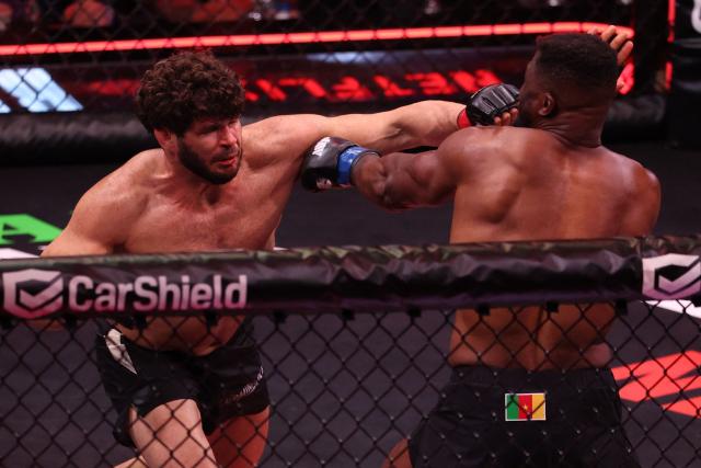 Cameroonian-French mixed martial arts fighter Francis Ngannou and Brazilian mixed martial arts fighter Philipe Lins fight during their heavyweight bout at MVP MMA 1 at the Intuit Dome in Inglewood, California, on May 16, 2026. (Photo by Patrick T. Fallon / AFP)