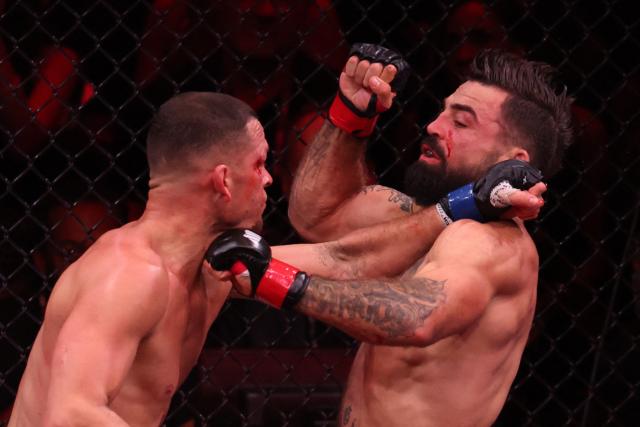 US mixed martial artist Nate Diaz and US mixed martial artist Mike Perry fight during their Double Main Event Welterweight Bout at MVP MMA 1 at the Intuit Dome in Inglewood, California, on May 16, 2026. (Photo by Patrick T. Fallon / AFP)