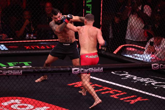 US mixed martial artist Nate Diaz and US mixed martial artist Mike Perry fight during their Double Main Event Welterweight Bout at MVP MMA 1 at the Intuit Dome in Inglewood, California, on May 16, 2026. (Photo by Patrick T. Fallon / AFP)