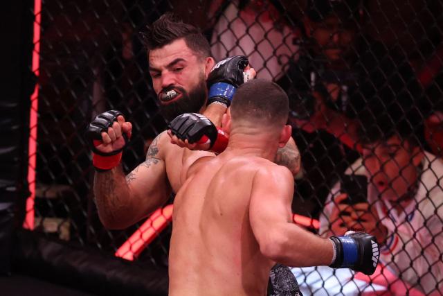 US mixed martial artist Nate Diaz and US mixed martial artist Mike Perry fight during their Double Main Event Welterweight Bout at MVP MMA 1 at the Intuit Dome in Inglewood, California, on May 16, 2026. (Photo by Patrick T. Fallon / AFP)