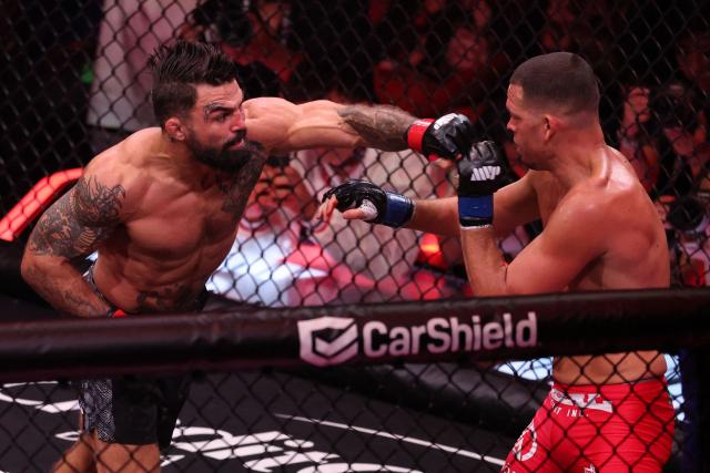 US mixed martial artist Nate Diaz and US mixed martial artist Mike Perry fight during their Double Main Event Welterweight Bout at MVP MMA 1 at the Intuit Dome in Inglewood, California, on May 16, 2026. (Photo by Patrick T. Fallon / AFP)