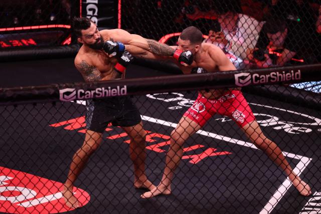 US mixed martial artist Nate Diaz and US mixed martial artist Mike Perry fight during their Double Main Event Welterweight Bout at MVP MMA 1 at the Intuit Dome in Inglewood, California, on May 16, 2026. (Photo by Patrick T. Fallon / AFP)