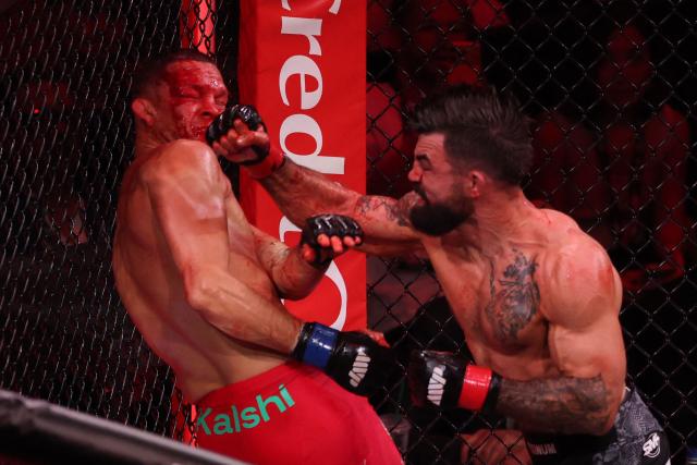 US mixed martial artist Nate Diaz and US mixed martial artist Mike Perry fight during their Double Main Event Welterweight Bout at MVP MMA 1 at the Intuit Dome in Inglewood, California, on May 16, 2026. (Photo by Patrick T. Fallon / AFP)