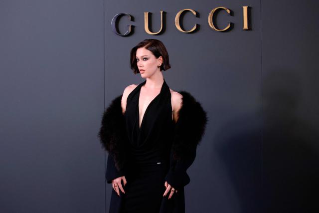British actress Jessica Alexander attends the Gucci Cruise 2027 collection fashion show at Times Square in New York on May 16, 2026. (Photo by Leonardo MUNOZ / AFP)