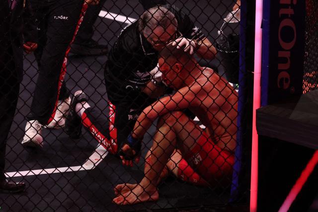 US mixed martial artist Nate Diaz receives medical treatment after his Double Main Event Welterweight Bout against US mixed martial artist Mike Perry at MVP MMA 1 at the Intuit Dome in Inglewood, California, on May 16, 2026. (Photo by Patrick T. Fallon / AFP)