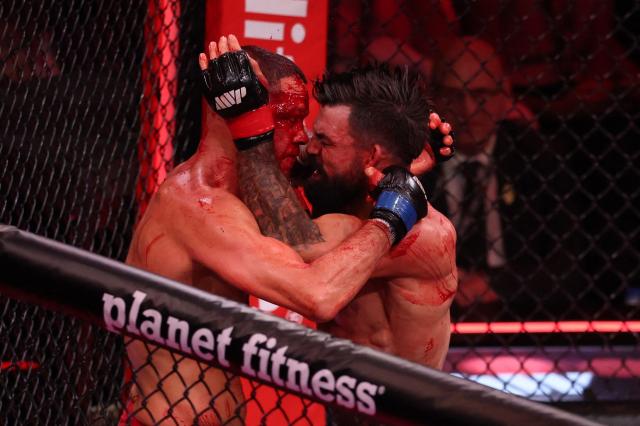 EDITORS NOTE: Graphic content / US mixed martial artist Nate Diaz and US mixed martial artist Mike Perry fight during their Double Main Event Welterweight Bout at MVP MMA 1 at the Intuit Dome in Inglewood, California, on May 16, 2026. (Photo by Patrick T. Fallon / AFP)