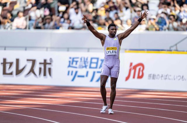 US' Noah Lyles celebrates after winning in the men's 100m final during the Golden Grand Prix athletics at the National Stadium in Tokyo on May 17, 2026. (Photo by Yuichi YAMAZAKI / AFP)