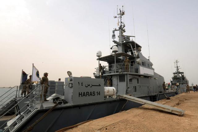 Vessels of the Libyan navy take part in the "Dara’ al-Karama 2" military exercises, in the Ras al-Alba region in southeastern Libya on May 16, 2026. The military exercises involve extensive participation from various ground, air, and naval units, making them one of the largest exercises the Libyan Army has conducted in recent years, with more than 25,000 military personnel taking part. (Photo by Abdullah DOMA / AFP)