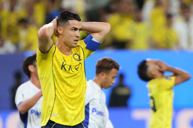 TOPSHOT - Nassr's Portuguese forward #07 Cristiano Ronaldo reacts during the 2026 AFC Champions League Two final football match between Al-Nassr and Gamba Osaka at the Al-Awwal Park Stadium in Riyadh on May 16, 2026. (Photo by Fayez NURELDINE / AFP)